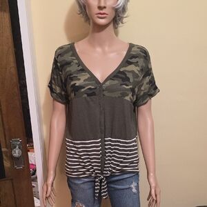 Camouflage and Striped V-Neck Women's Top